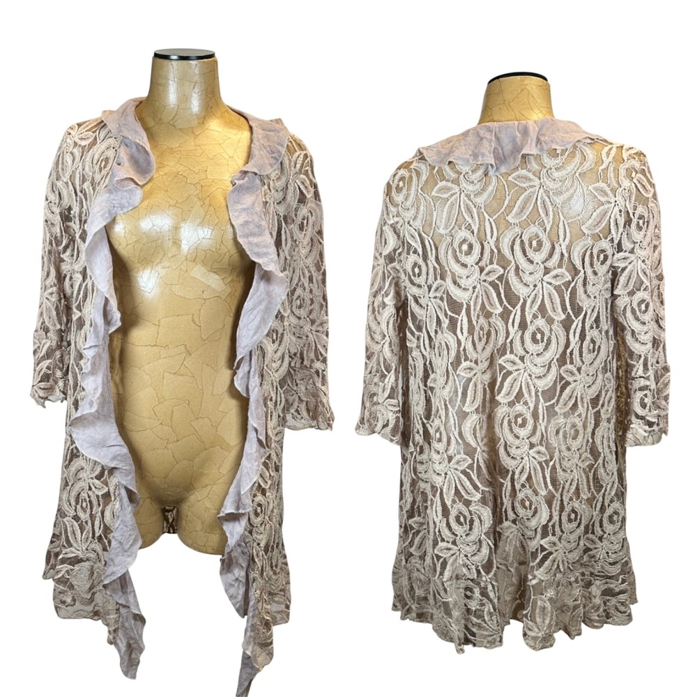 Lady Noiz Floral Lace Ruffle Cardigan Tan Taupe Open Front Sheer Layering Top